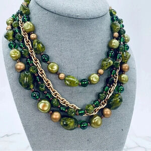 Vintage W. Germany Necklace Green Gold Beaded Multi Strand Graduated Sig…